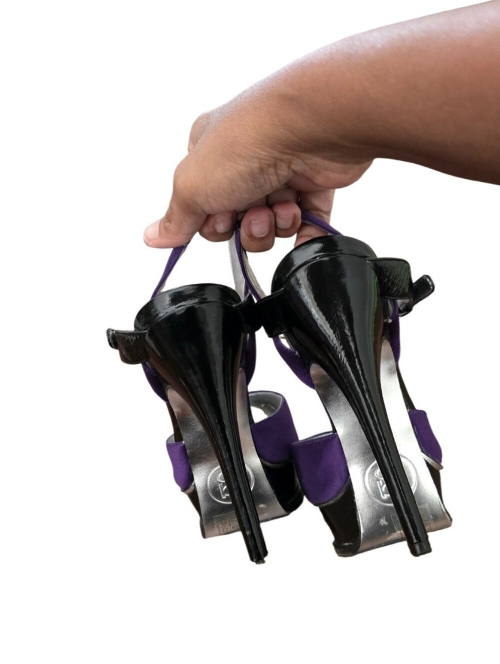 Bebe Purple Black Satin Platform Peep Toe Heels Size 7 - Picture 7 of 16
